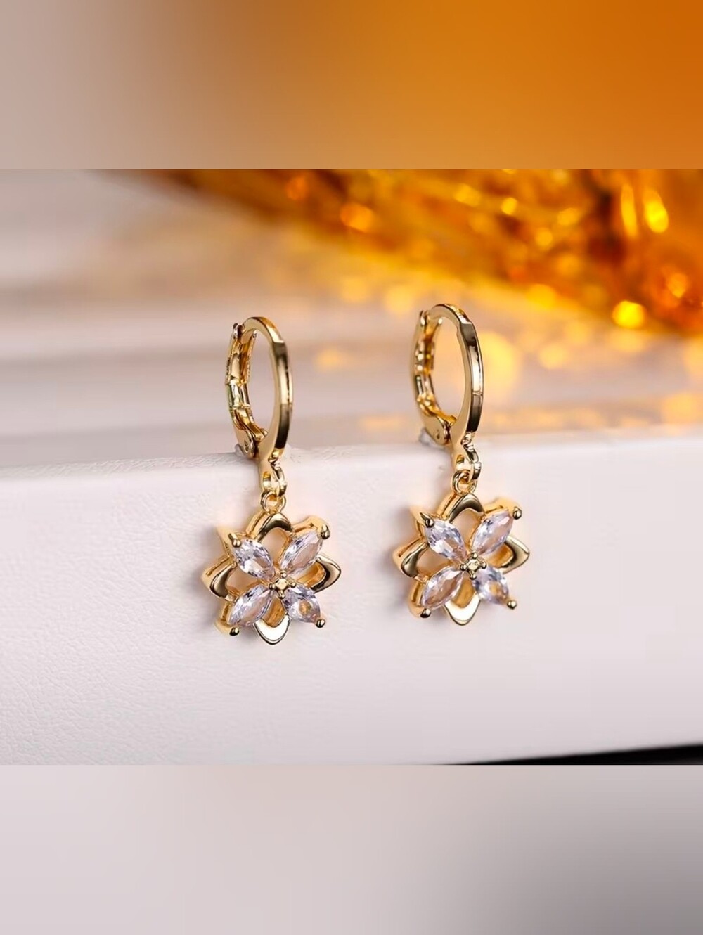 $8 Each Or Bundle 5/$20 Dainty Gold Floral Drop Earrings w/ Clear Crystal Petals